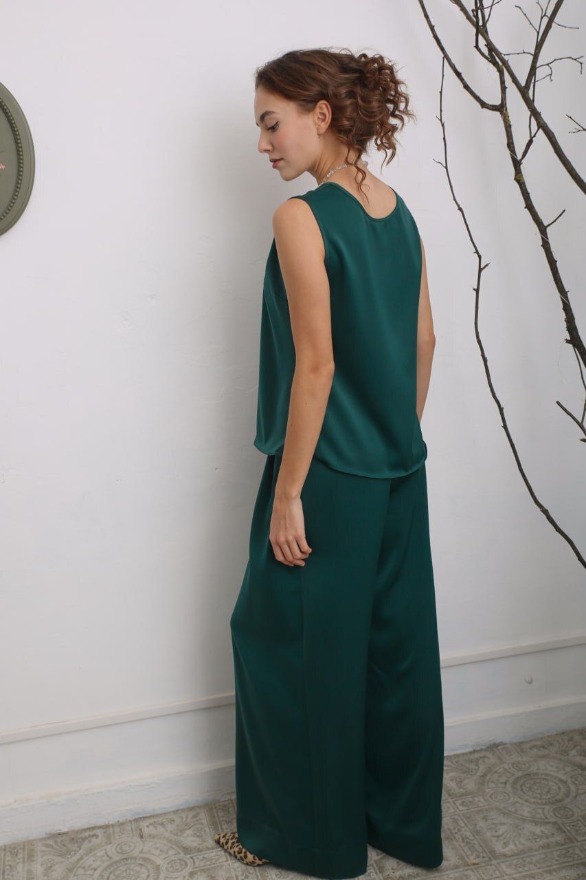Брюки палаццо искусственный шелк изумруд L