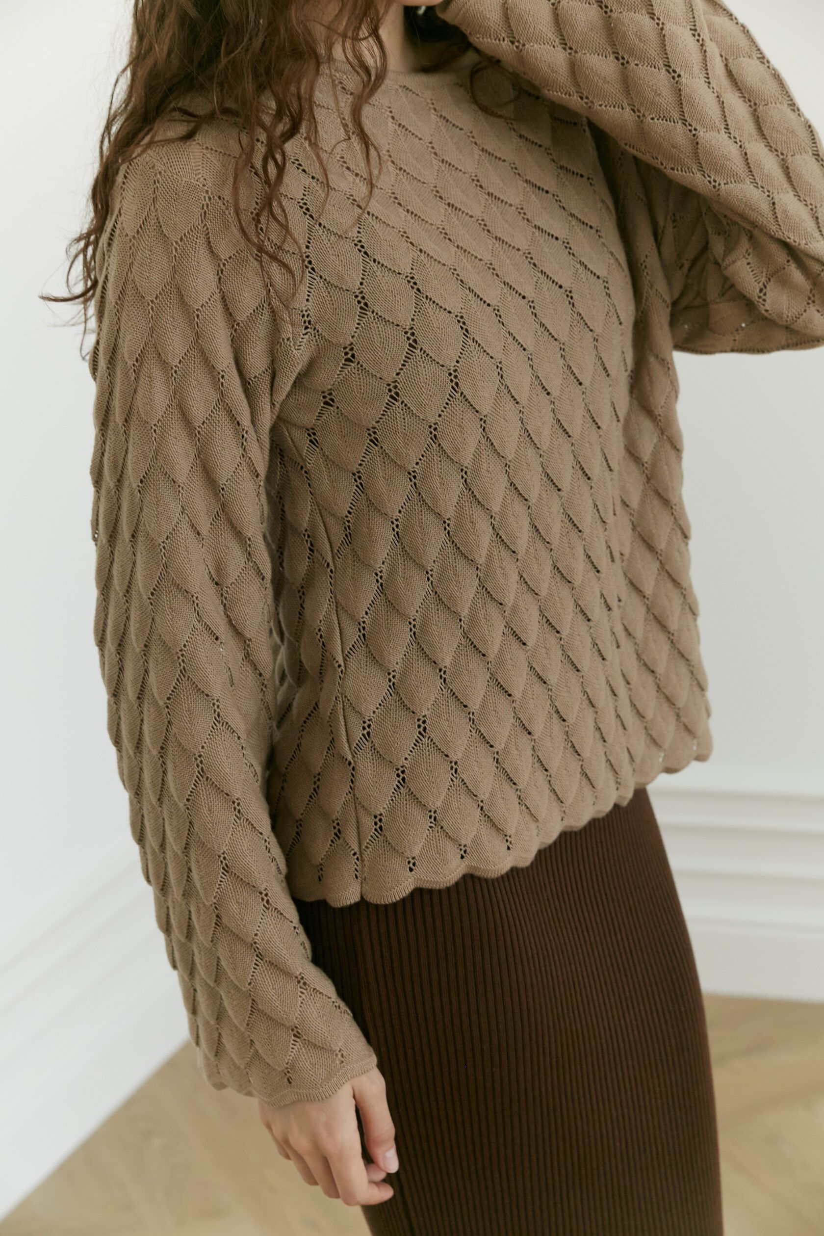 Лонгслив трикотажный ажур Листочки капучино S-M