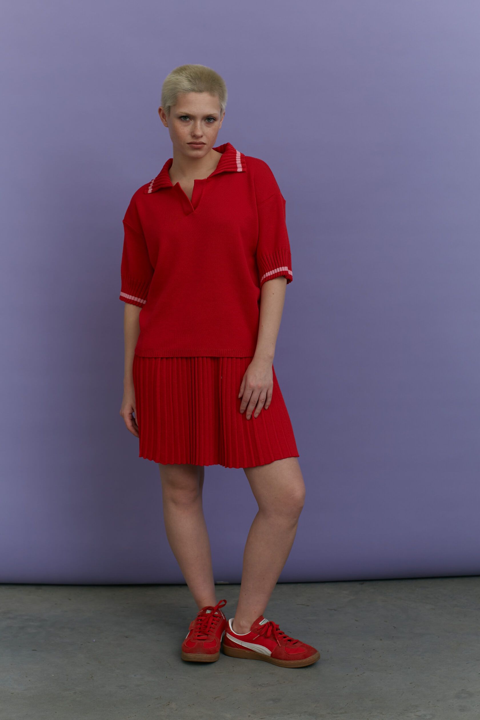 Поло трикотажное алый с розовой полосой M-L