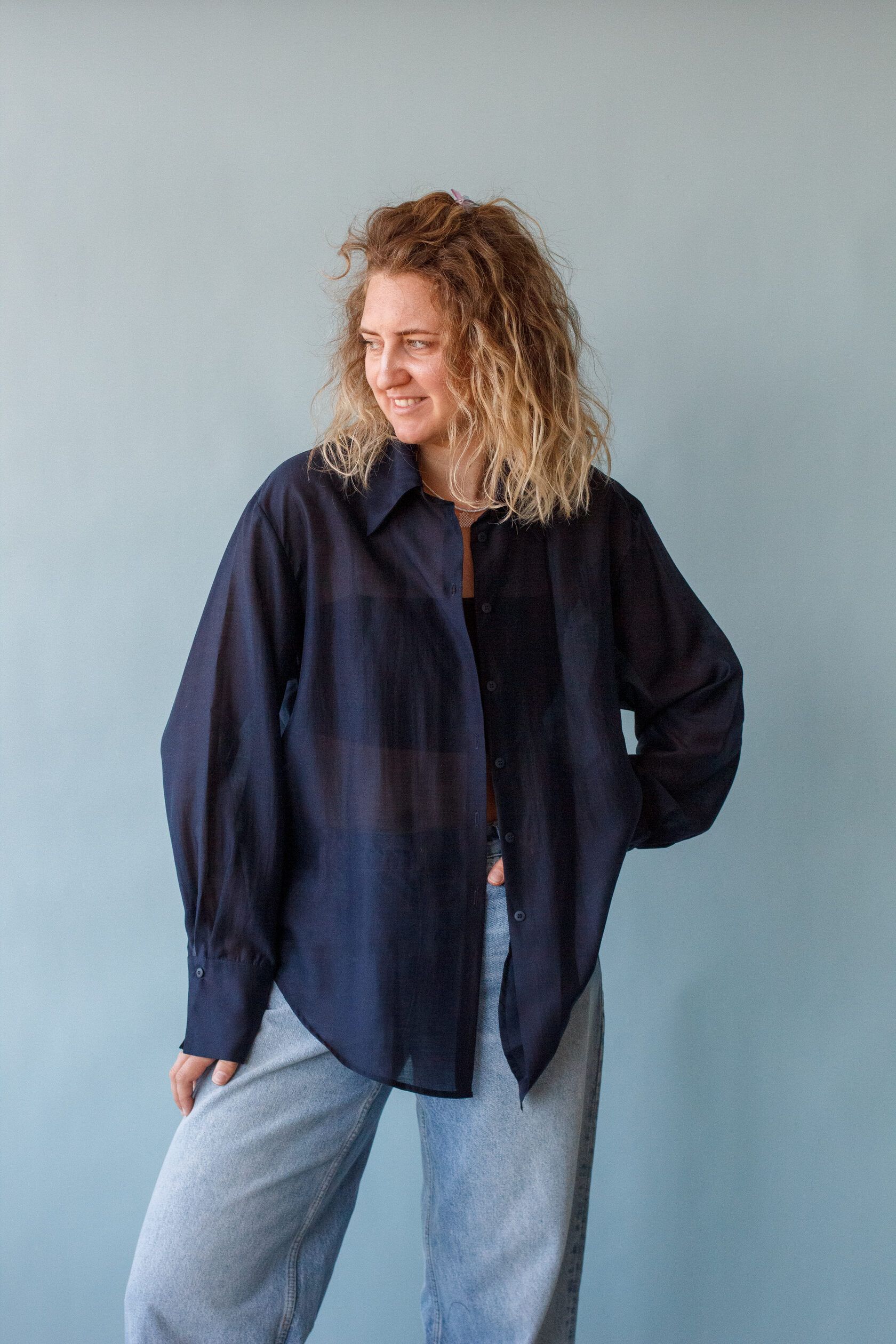 Рубашка женская из тенсела синий one size