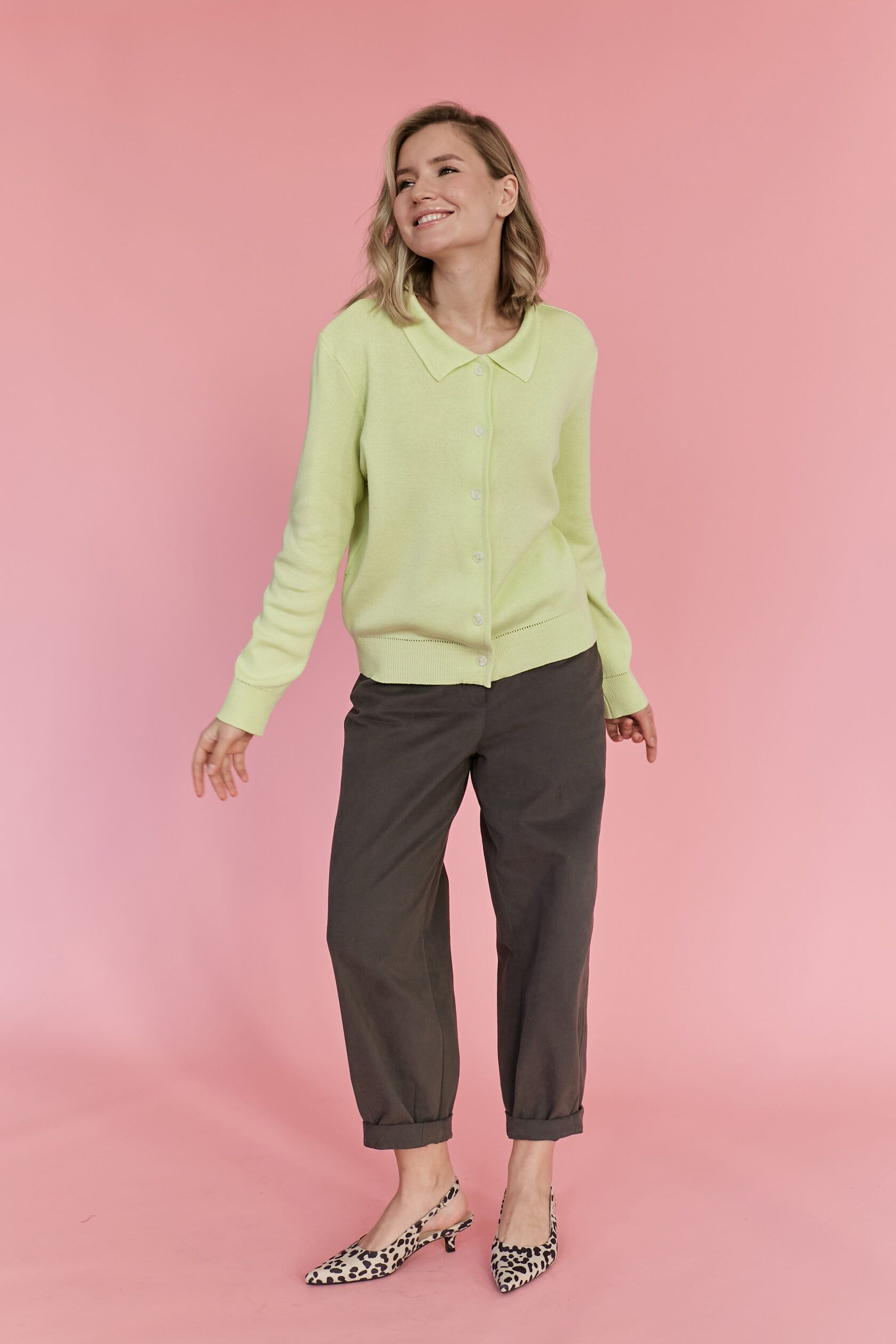 Кардиган с воротником на пуговицах светлый лайм S-L