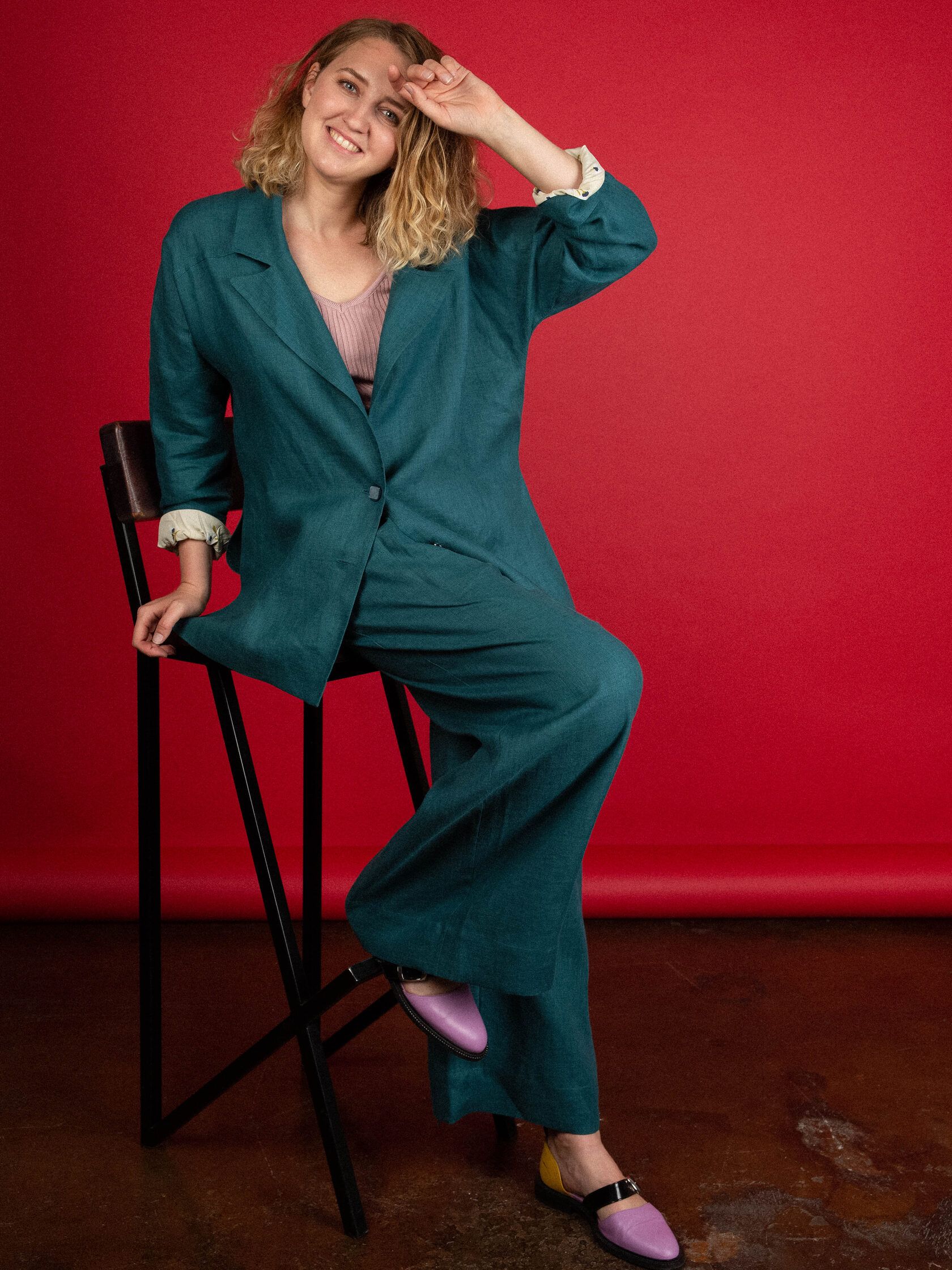 Брюки льняные широкие морская волна S