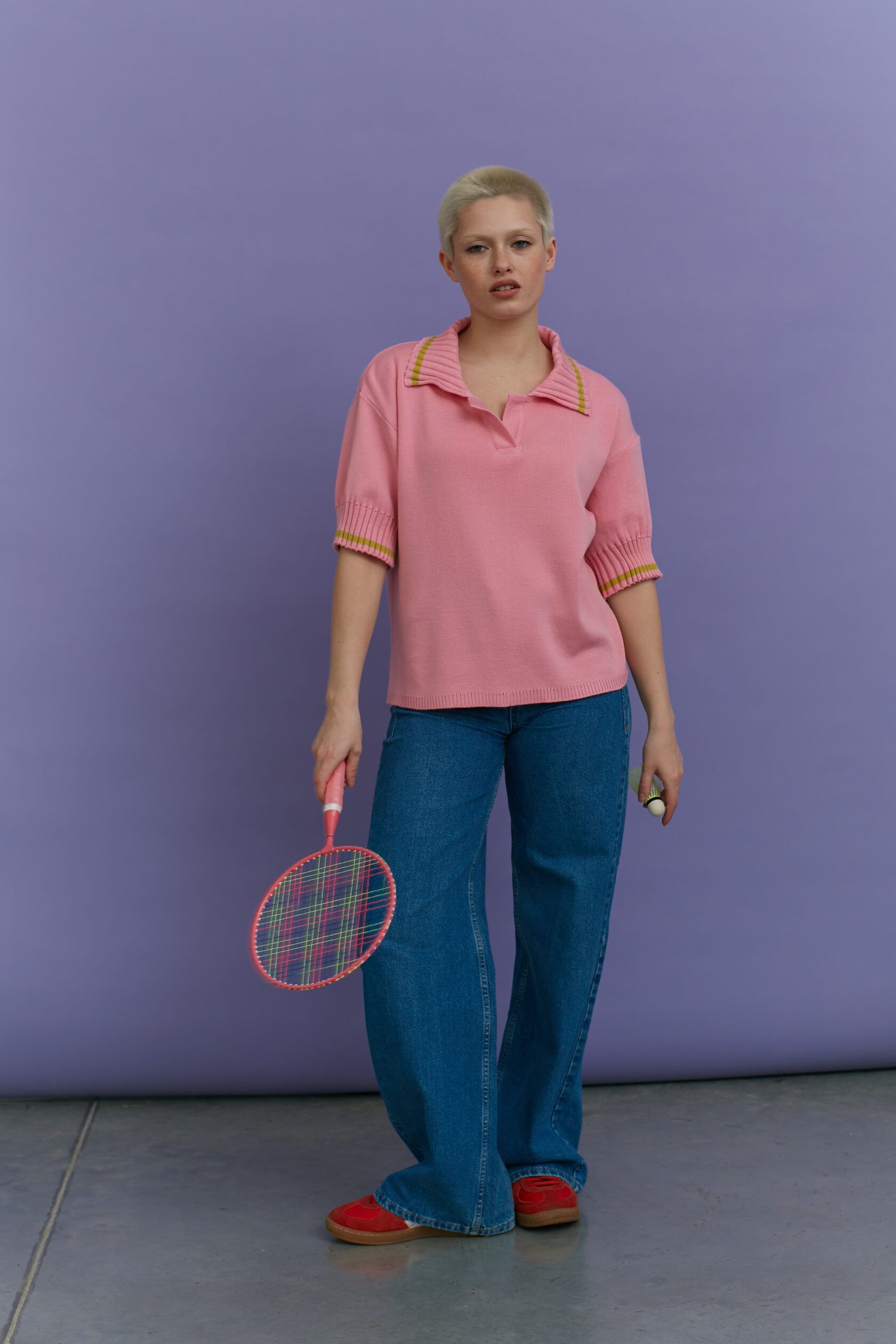 Поло трикотажное розовый с лаймом M-L