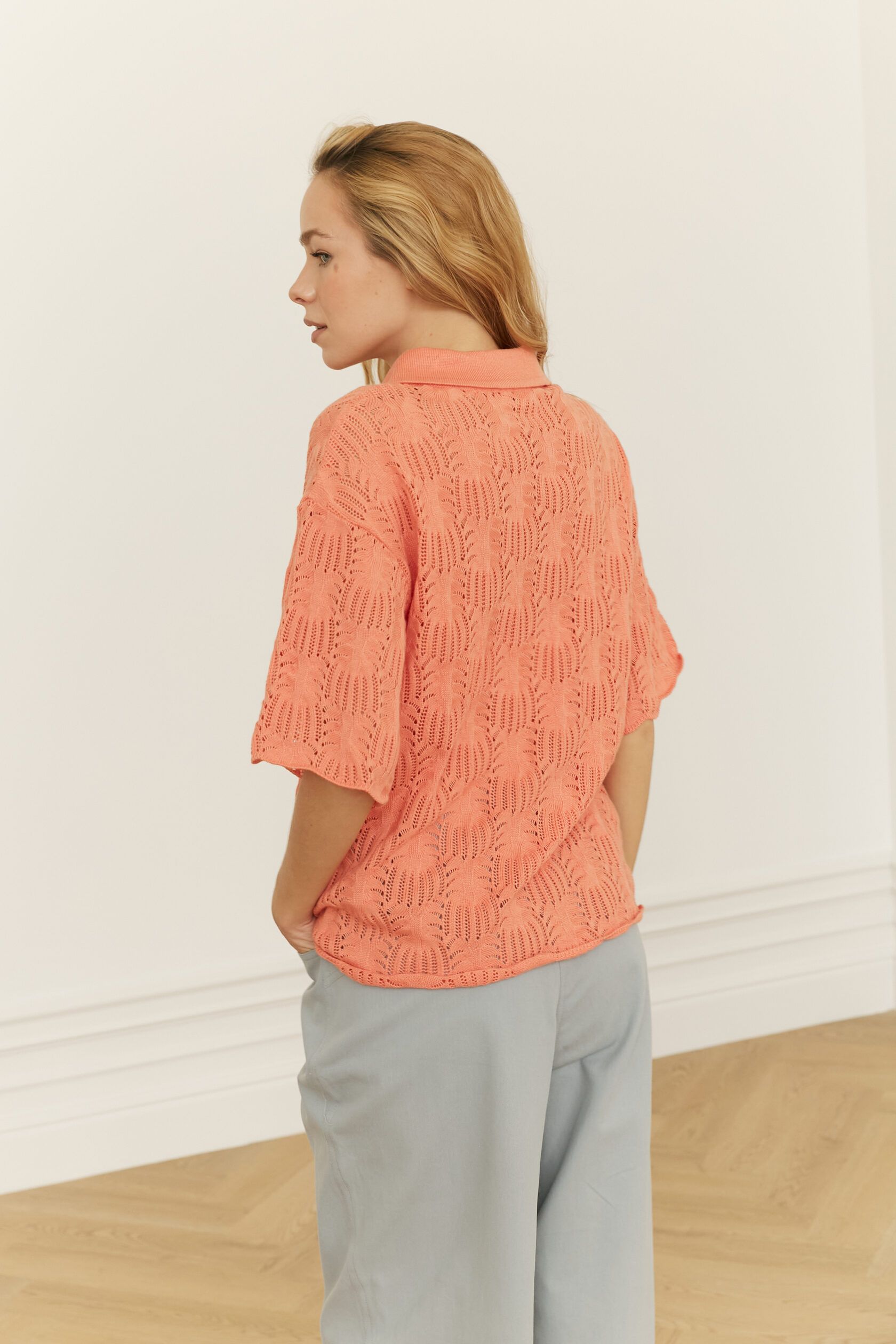 Поло трикотажное ажур Ананас лосось M-L