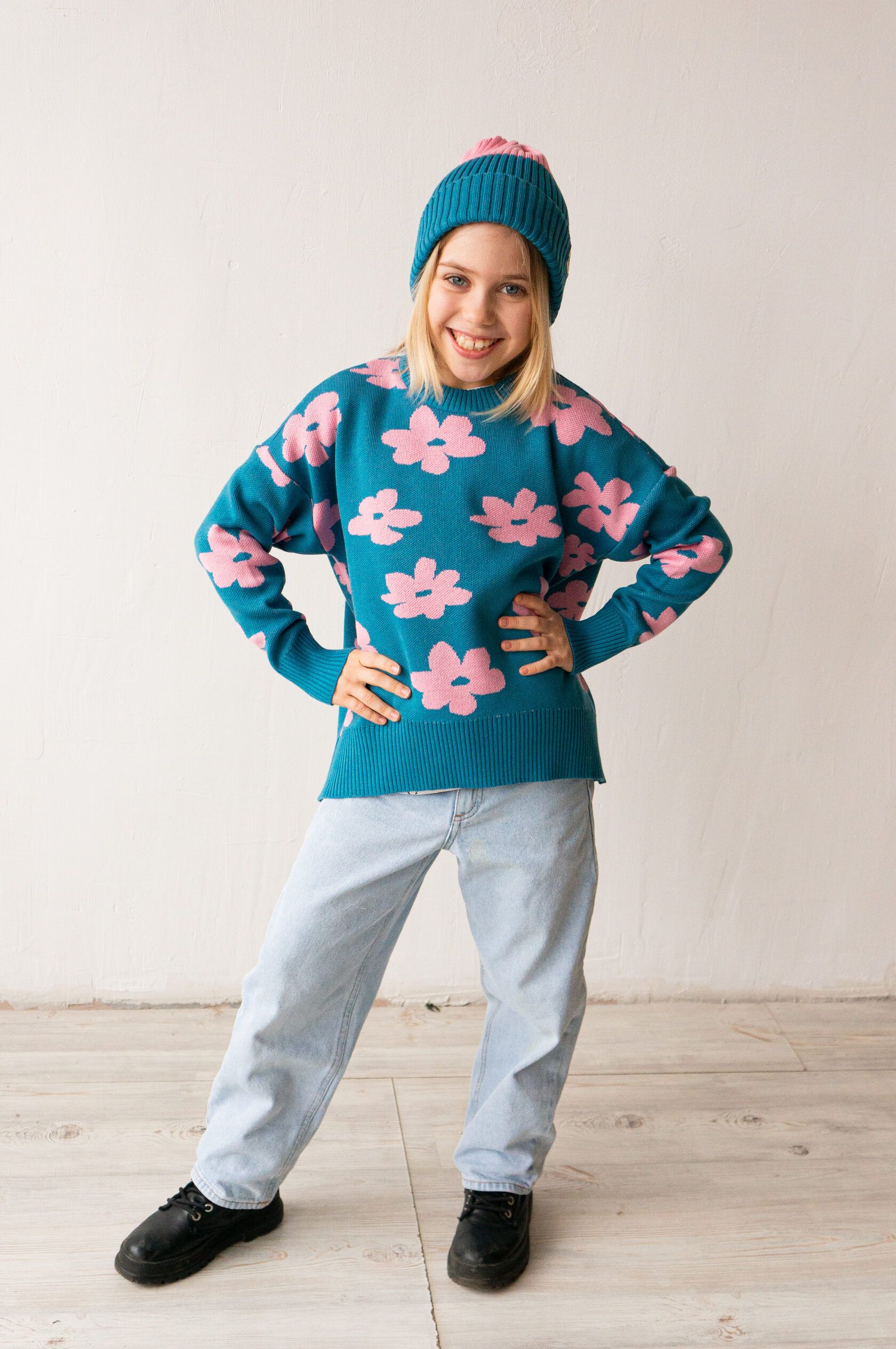 Джемпер детский Ромашки морская волна рост 140-150 см